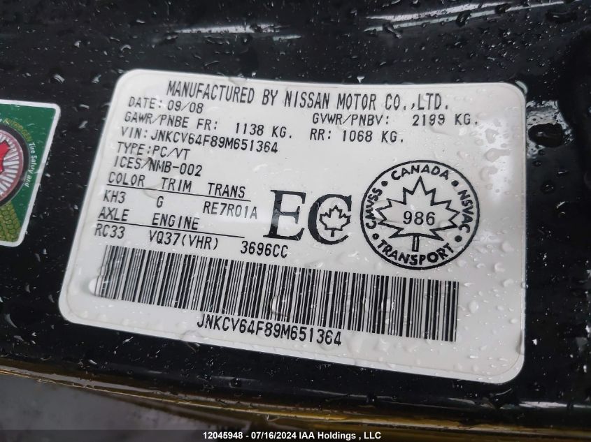 2009 Infiniti G37 X VIN: JNKCV64F89M651364 Lot: 12045948