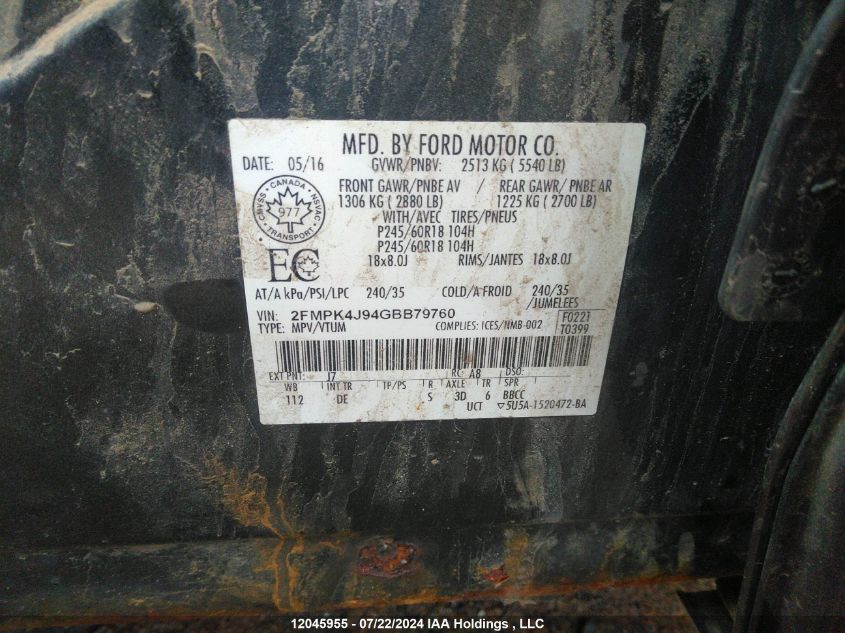 2016 Ford Edge Sel VIN: 2FMPK4J94GBB79760 Lot: 12045955