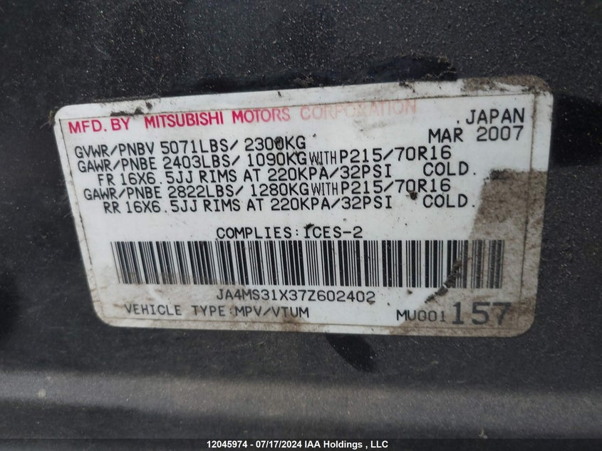 2007 Mitsubishi Outlander Es/Ls VIN: JA4MS31X37Z602402 Lot: 12045974