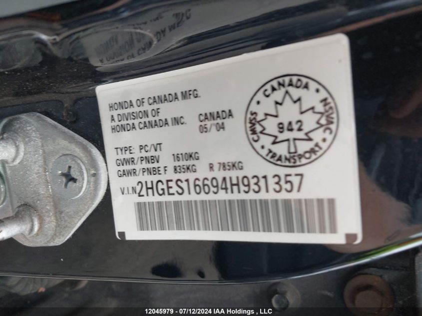 2004 Honda Civic Sdn VIN: 2HGES16694H931357 Lot: 12045979