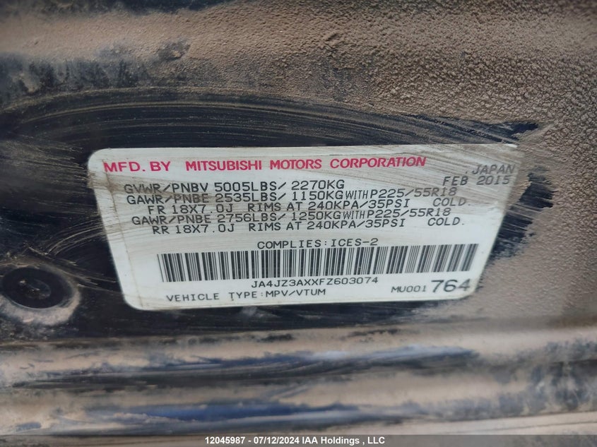 2015 Mitsubishi Outlander VIN: JA4JZ3AXXFZ603074 Lot: 12045987