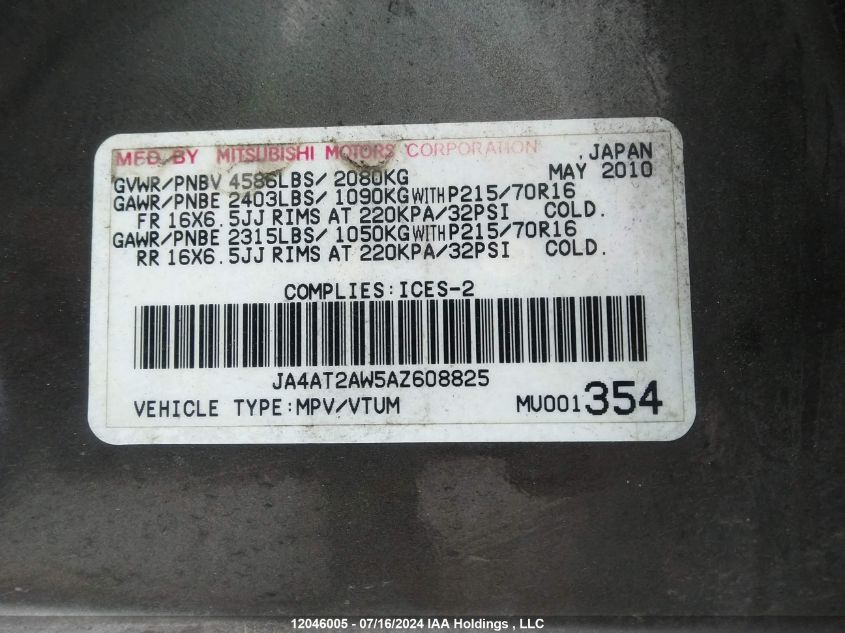 2010 Mitsubishi Outlander Es VIN: JA4AT2AW5AZ608825 Lot: 12046005