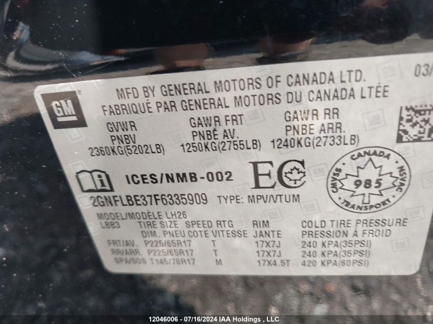 2015 Chevrolet Equinox VIN: 2GNFLBE37F6335909 Lot: 12046006