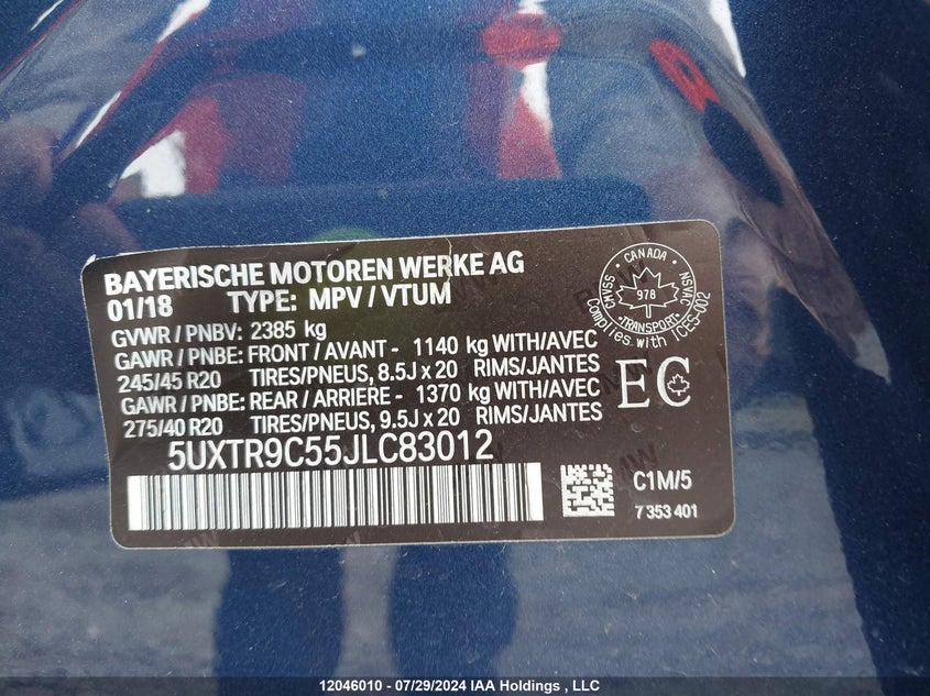 2018 BMW X3 VIN: 5UXTR9C55JLC83012 Lot: 12046010