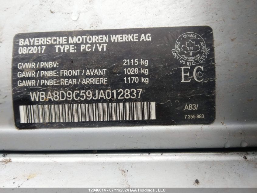 2018 BMW 3 Series VIN: WBA8D9C59JA012837 Lot: 12046014