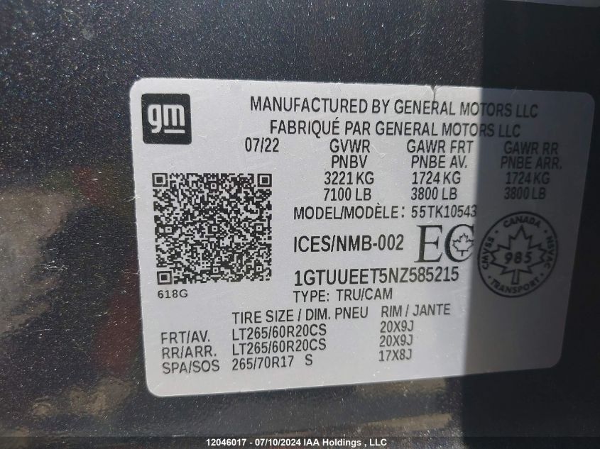 2022 GMC Sierra 1500 VIN: 1GTUUEET5NZ585215 Lot: 12046017