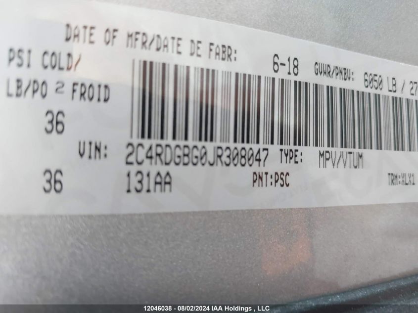 2018 Dodge Grand Caravan Se VIN: 2C4RDGBG0JR308047 Lot: 12046038