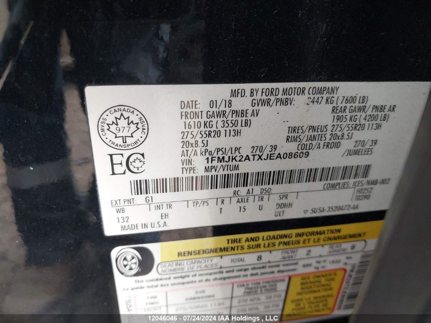 2018 Ford Expedition Max Limited VIN: 1FMJK2ATXJEA08609 Lot: 12046046