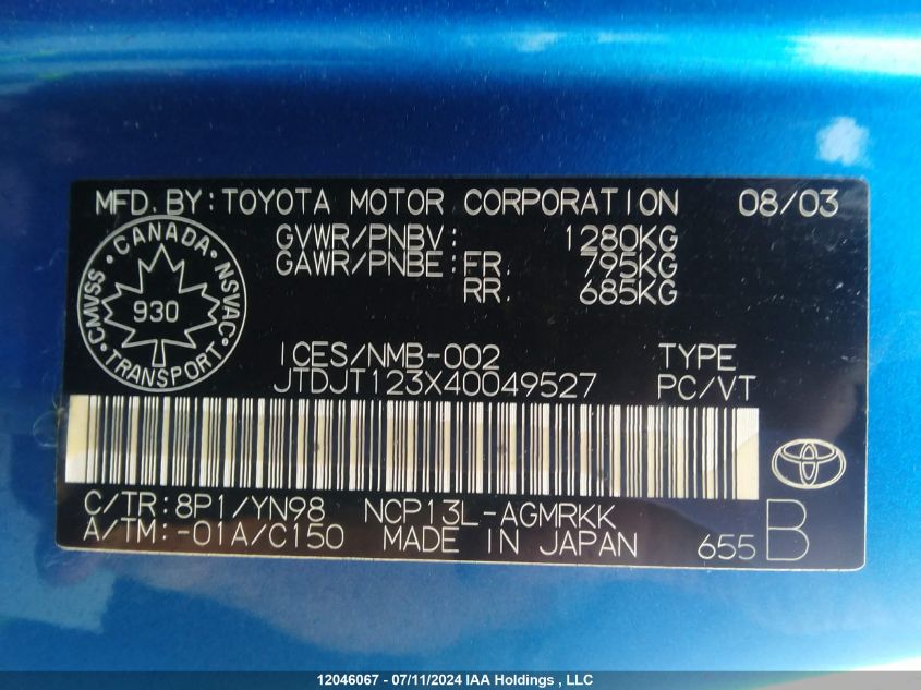 2004 Toyota Echo VIN: JTDJT123X40049527 Lot: 12046067