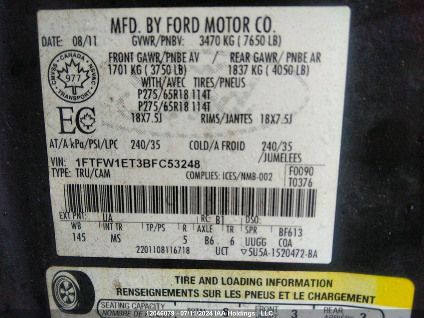 2011 Ford F150 Supercrew VIN: 1FTFW1ET3BFC53248 Lot: 12046079