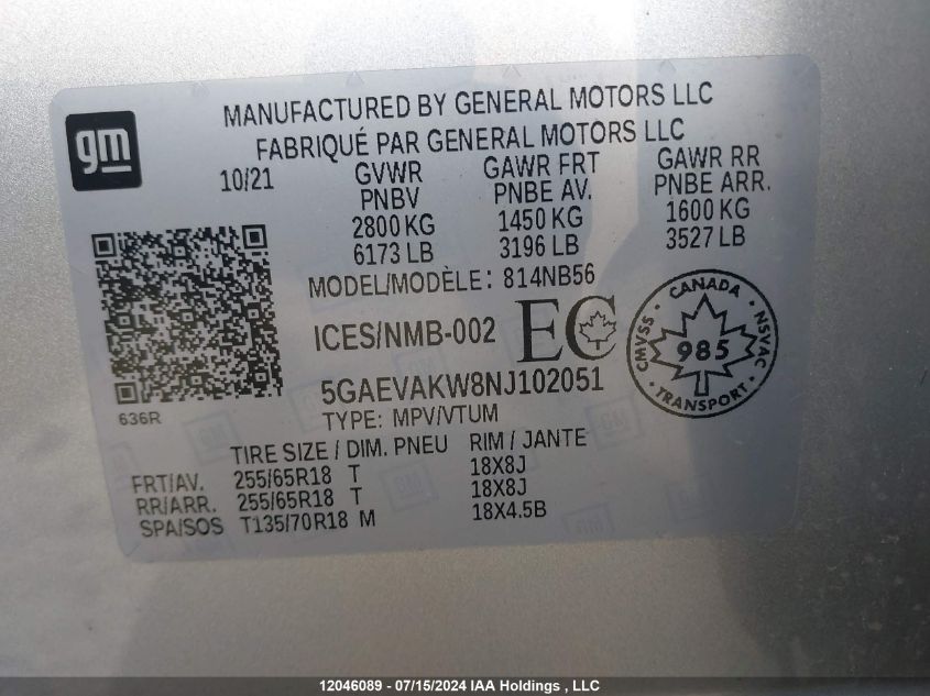 2022 Buick Enclave Essence VIN: 5GAEVAKW8NJ102051 Lot: 12046089