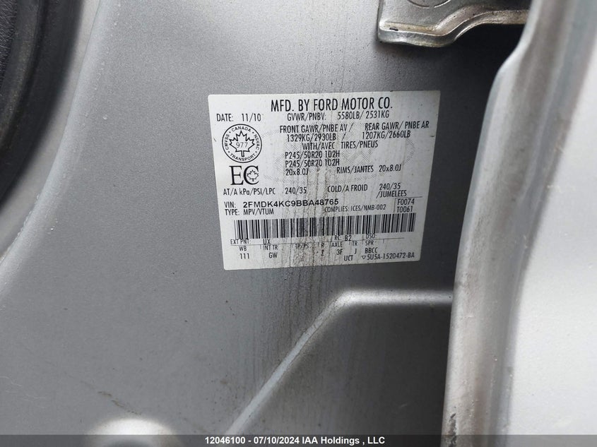 2011 Ford Edge Limited VIN: 2FMDK4KC9BBA48765 Lot: 12046100