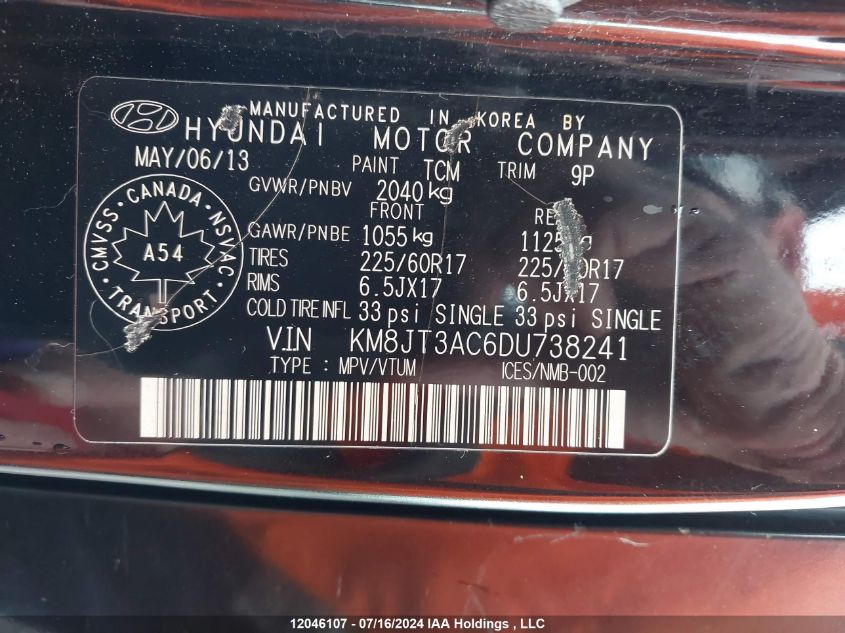 2013 Hyundai Tucson Gl VIN: KM8JT3AC6DU738241 Lot: 12046107