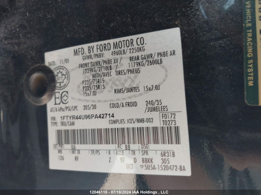 2006 Ford Ranger VIN: 1FTYR44U96PA42714 Lot: 12046115