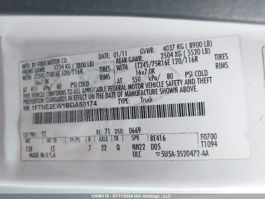 2011 Ford E-250 Commercial VIN: 1FTNE2EW1BDA50174 Lot: 12046116