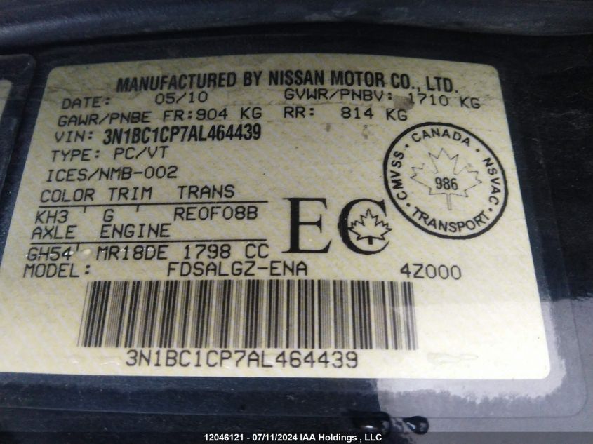 2010 Nissan Versa VIN: 3N1BC1CP7AL464439 Lot: 12046121