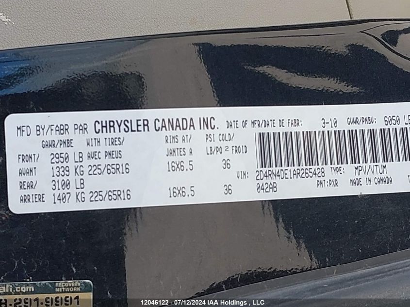 2010 Dodge Grand Caravan Se VIN: 2D4RN4DE1AR265428 Lot: 12046122