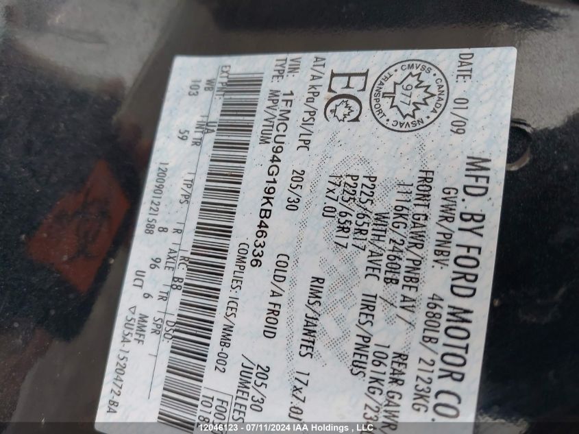 2009 Ford Escape Limited VIN: 1FMCU94G19KB46336 Lot: 12046123