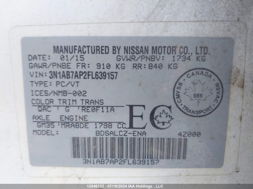 2015 Nissan Sentra S/Sv/Sr/Sl VIN: 3N1AB7AP2FL639157 Lot: 12046132