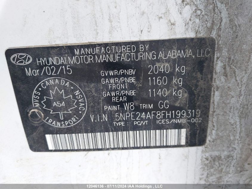 2015 Hyundai Sonata Se VIN: 5NPE24AF8FH199319 Lot: 12046136