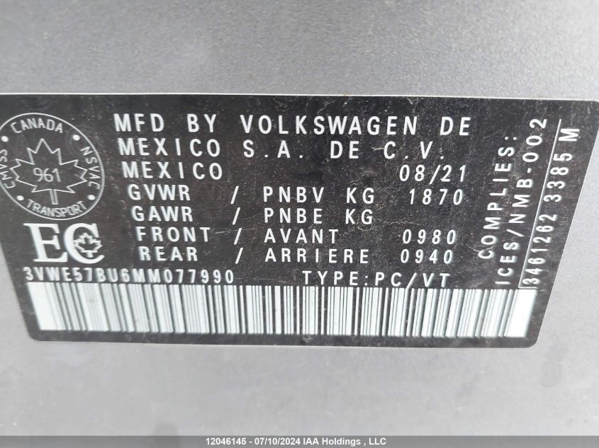 2021 Volkswagen Jetta VIN: 3VWE57BU6MM077990 Lot: 12046145