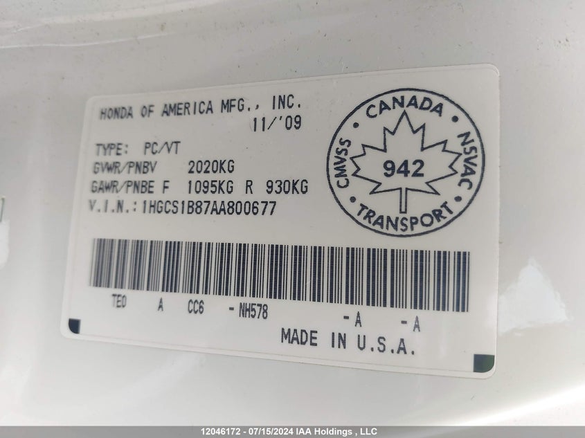 2010 Honda Accord Exl VIN: 1HGCS1B87AA800677 Lot: 12046172