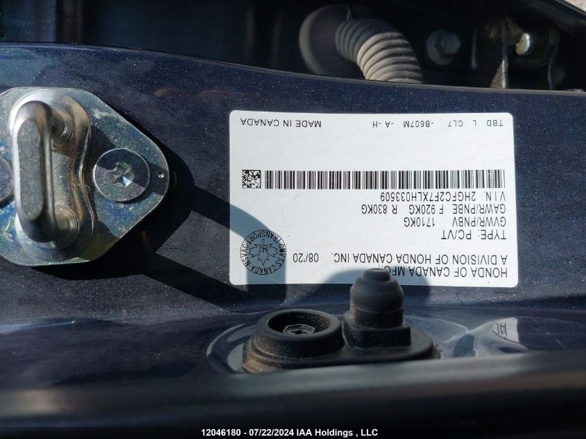 2020 Honda Civic Sedan VIN: 2HGFC2F7XLH033509 Lot: 12046180