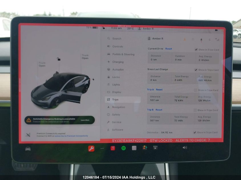2019 Tesla Model 3 VIN: 5YJ3E1EA9KF422617 Lot: 12046184