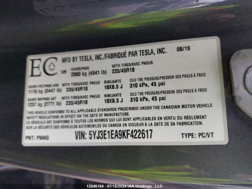 2019 Tesla Model 3 VIN: 5YJ3E1EA9KF422617 Lot: 12046184