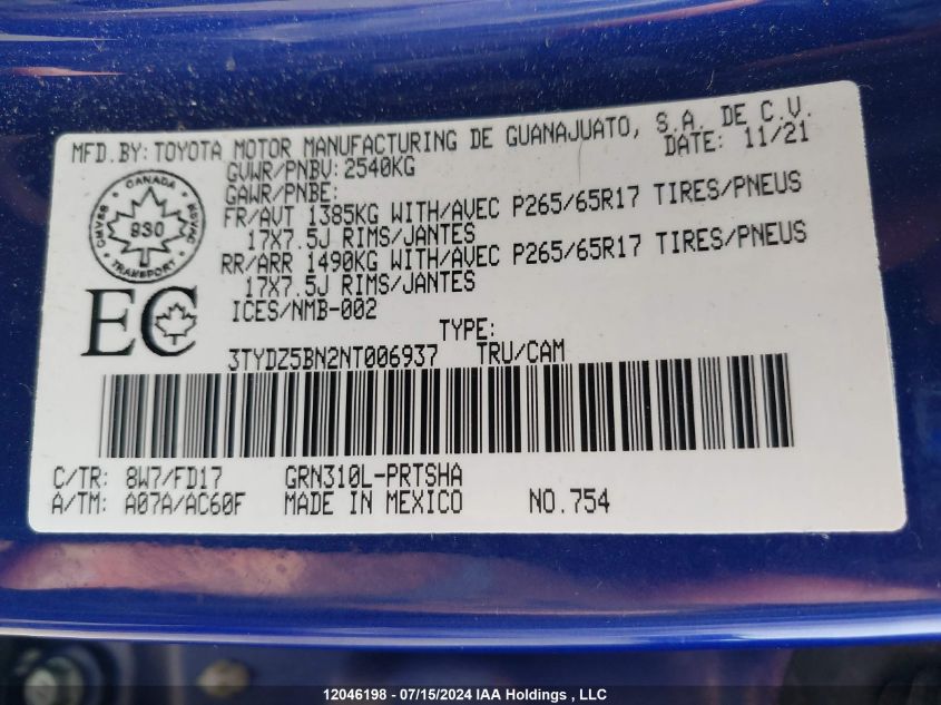 2022 Toyota Tacoma VIN: 3TYDZ5BN2NT006937 Lot: 12046198