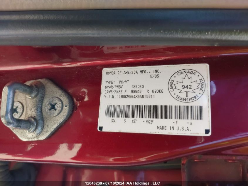 2005 Honda Accord Sdn VIN: 1HGCM564X5A815611 Lot: 12046230