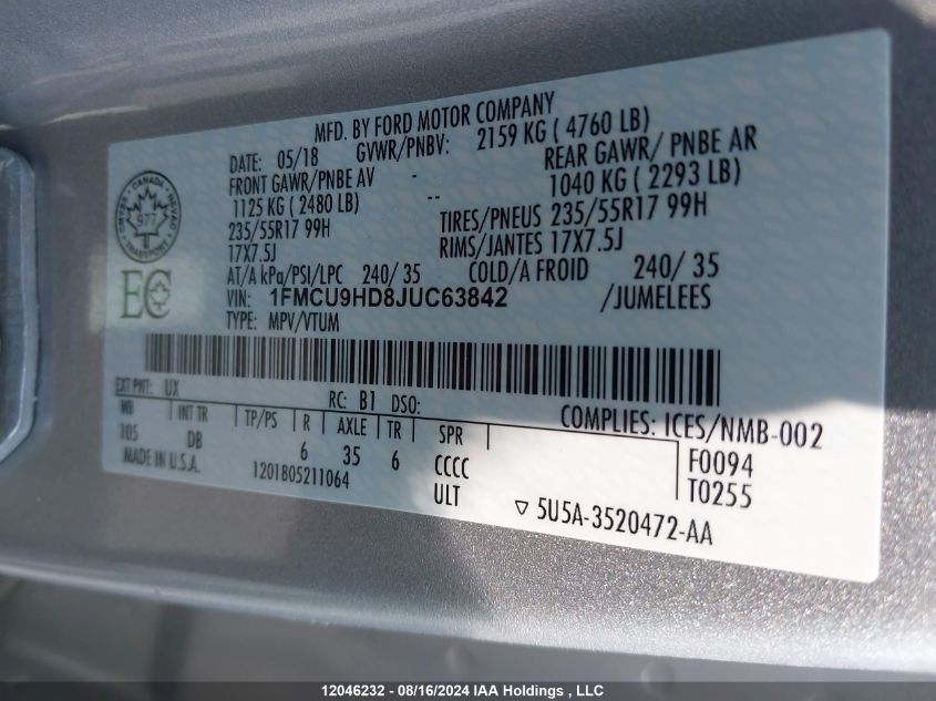 2018 Ford Escape Sel VIN: 1FMCU9HD8JUC63842 Lot: 12046232