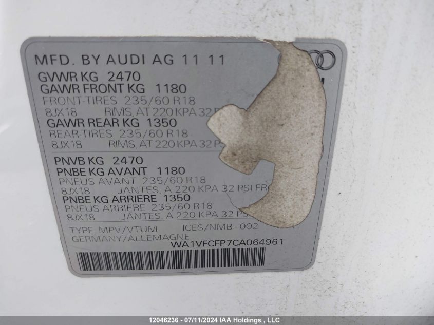 2012 Audi Q5 VIN: WA1VFCFP7CA064961 Lot: 12046236