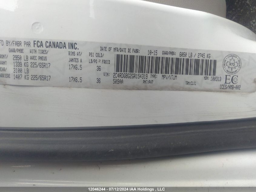 2016 Dodge Grand Caravan VIN: 2C4RDGBG2GR154319 Lot: 12046244