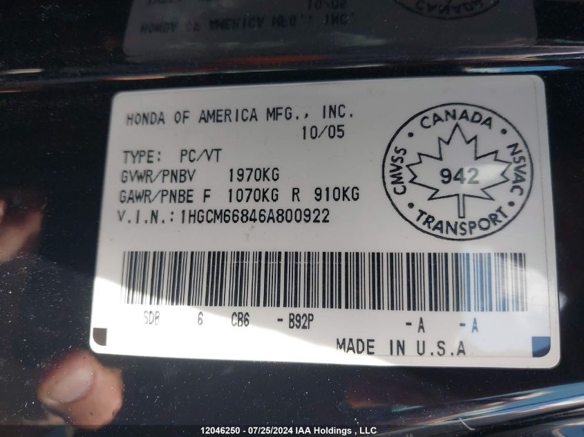 2006 Honda Accord Sdn VIN: 1HGCM66846A800922 Lot: 12046250