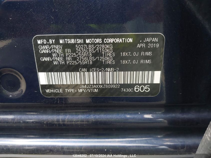 2019 Mitsubishi Outlander VIN: JA4JZ3AXXKZ609922 Lot: 12046252