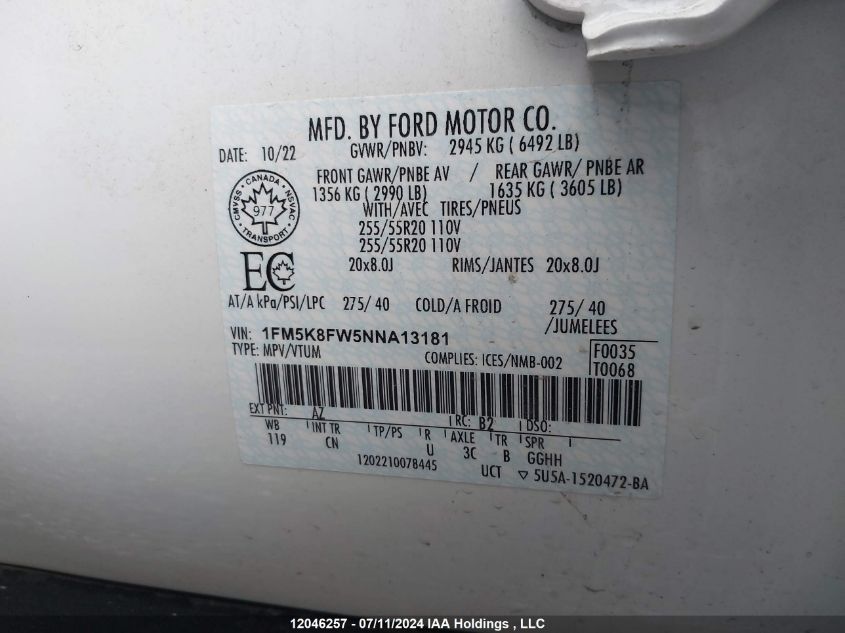 2022 Ford Explorer Limited VIN: 1FM5K8FW5NNA13181 Lot: 12046257