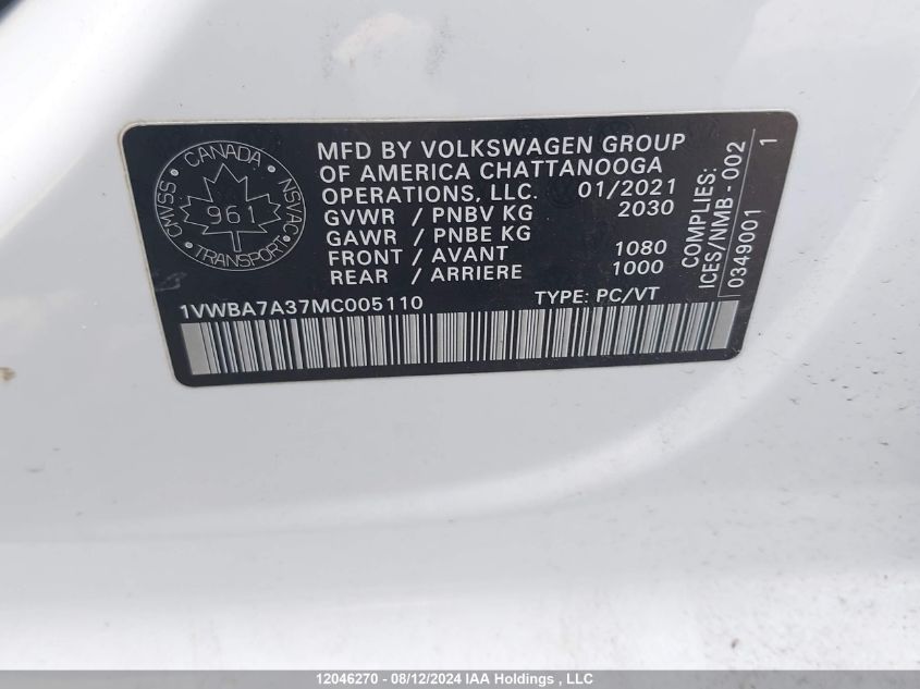 2021 Volkswagen Passat VIN: 1VWBA7A37MC005110 Lot: 12046270