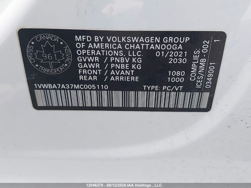 2021 Volkswagen Passat VIN: 1VWBA7A37MC005110 Lot: 12046270