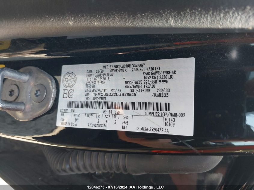 2020 Ford Escape Titanium VIN: 1FMCU9DZ2LUB26545 Lot: 12046273