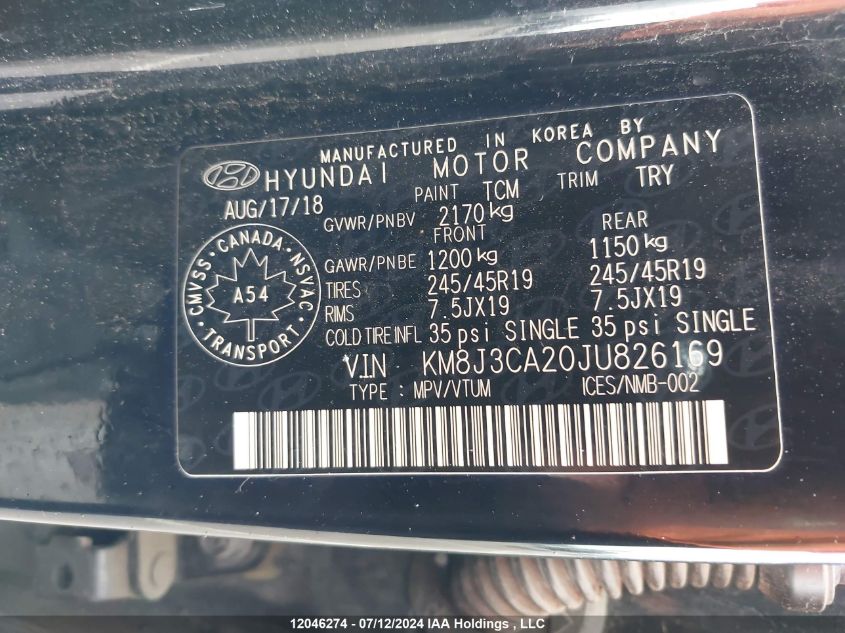 2018 Hyundai Tucson Noir 1.6T VIN: KM8J3CA20JU826169 Lot: 12046274
