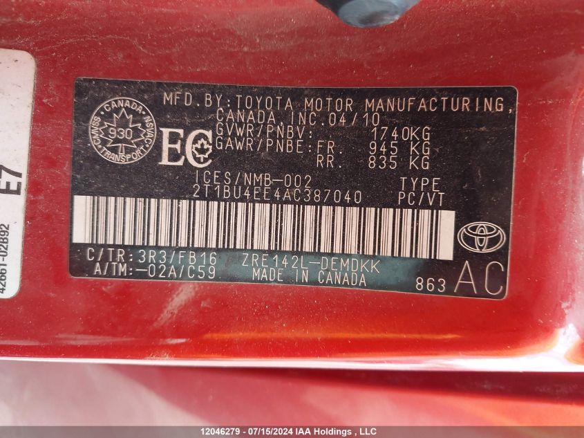 2010 Toyota Corolla S/Le/Xle VIN: 2T1BU4EE4AC387040 Lot: 12046279