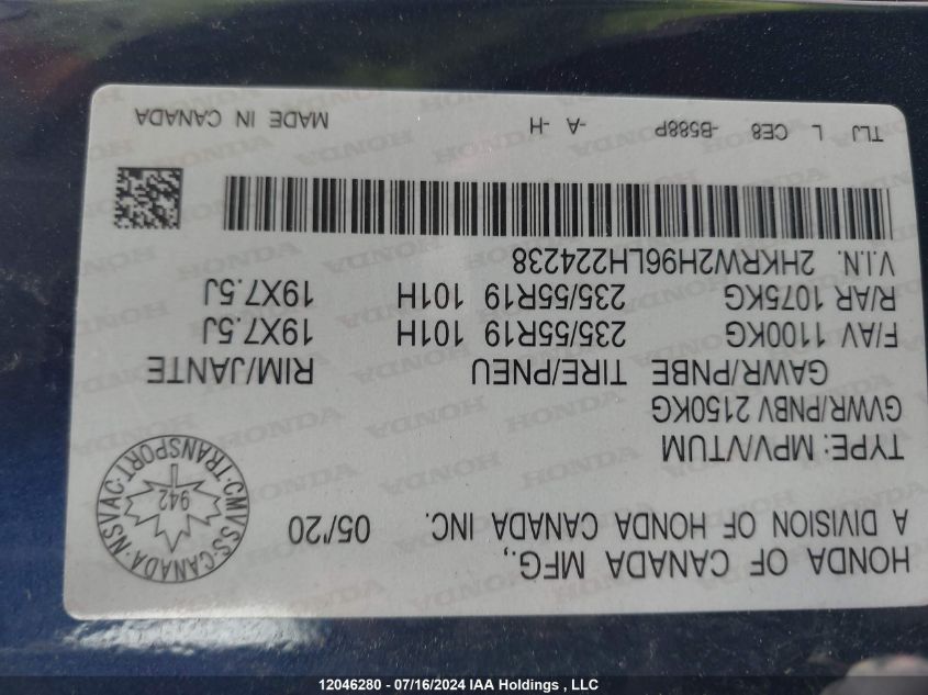 2020 Honda Cr-V Touring VIN: 2HKRW2H96LH224238 Lot: 12046280