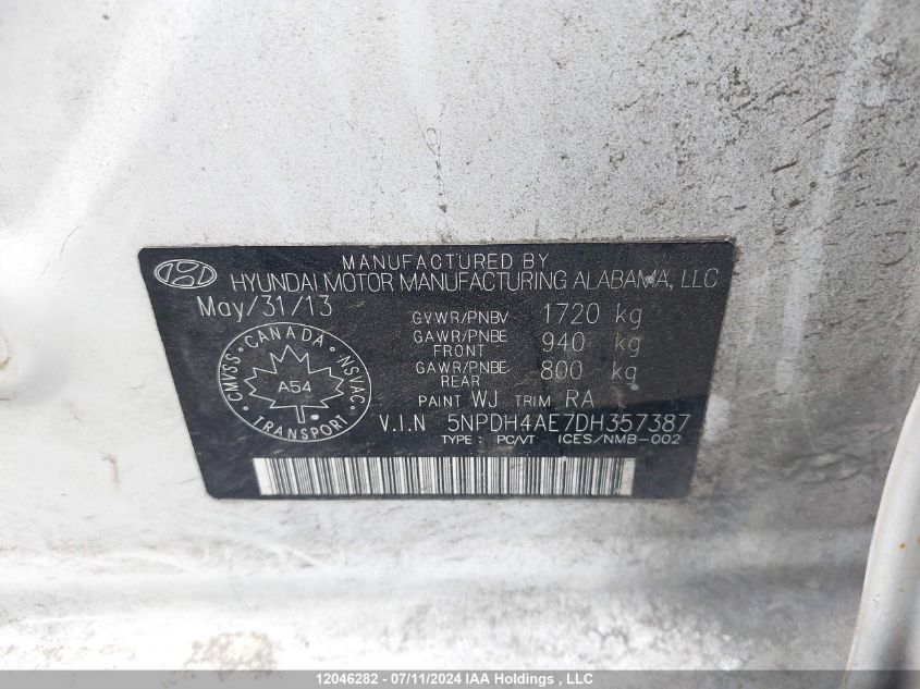 2013 Hyundai Elantra Gls/Limited VIN: 5NPDH4AE7DH357387 Lot: 12046282