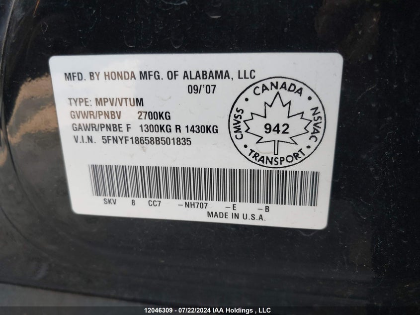 2008 Honda Pilot VIN: 5FNYF18658B501835 Lot: 12046309