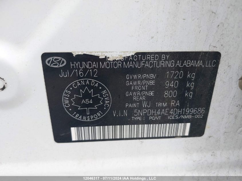 2013 Hyundai Elantra Gls/Limited VIN: 5NPDH4AE4DH199686 Lot: 12046317