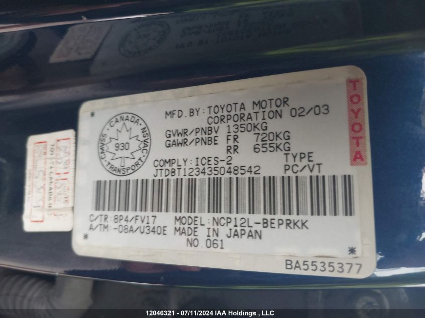 2003 Toyota Echo VIN: JTDBT123435048542 Lot: 12046321