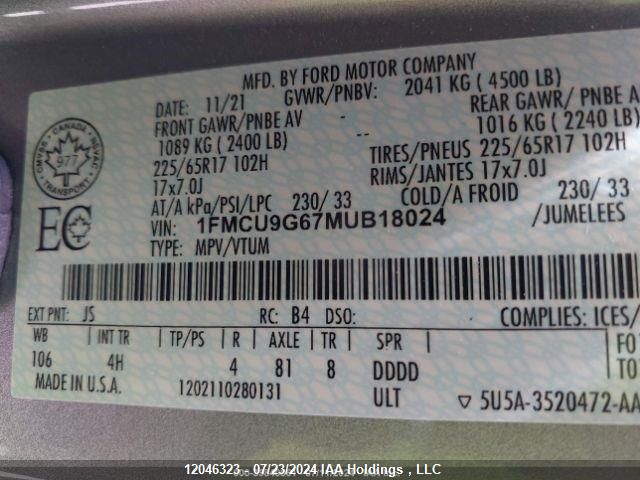 2021 Ford Escape Se VIN: 1FMCU9G67MUB18024 Lot: 12046323