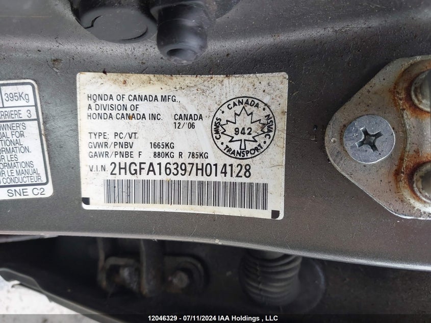 2007 Honda Civic VIN: 2HGFA16397H014128 Lot: 12046329