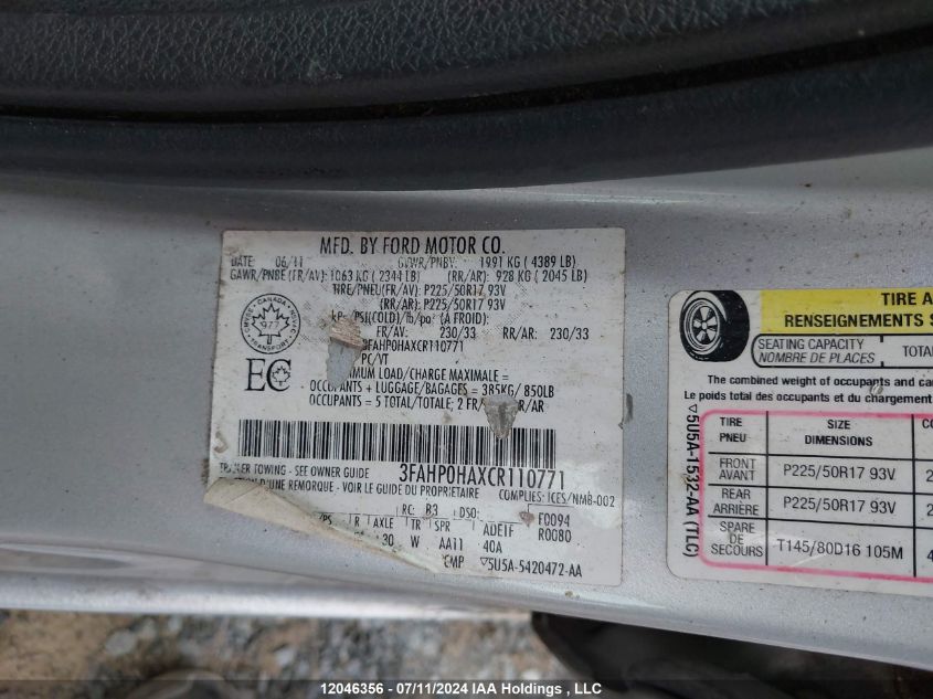 2012 Ford Fusion Se VIN: 3FAHP0HAXCR110771 Lot: 12046356